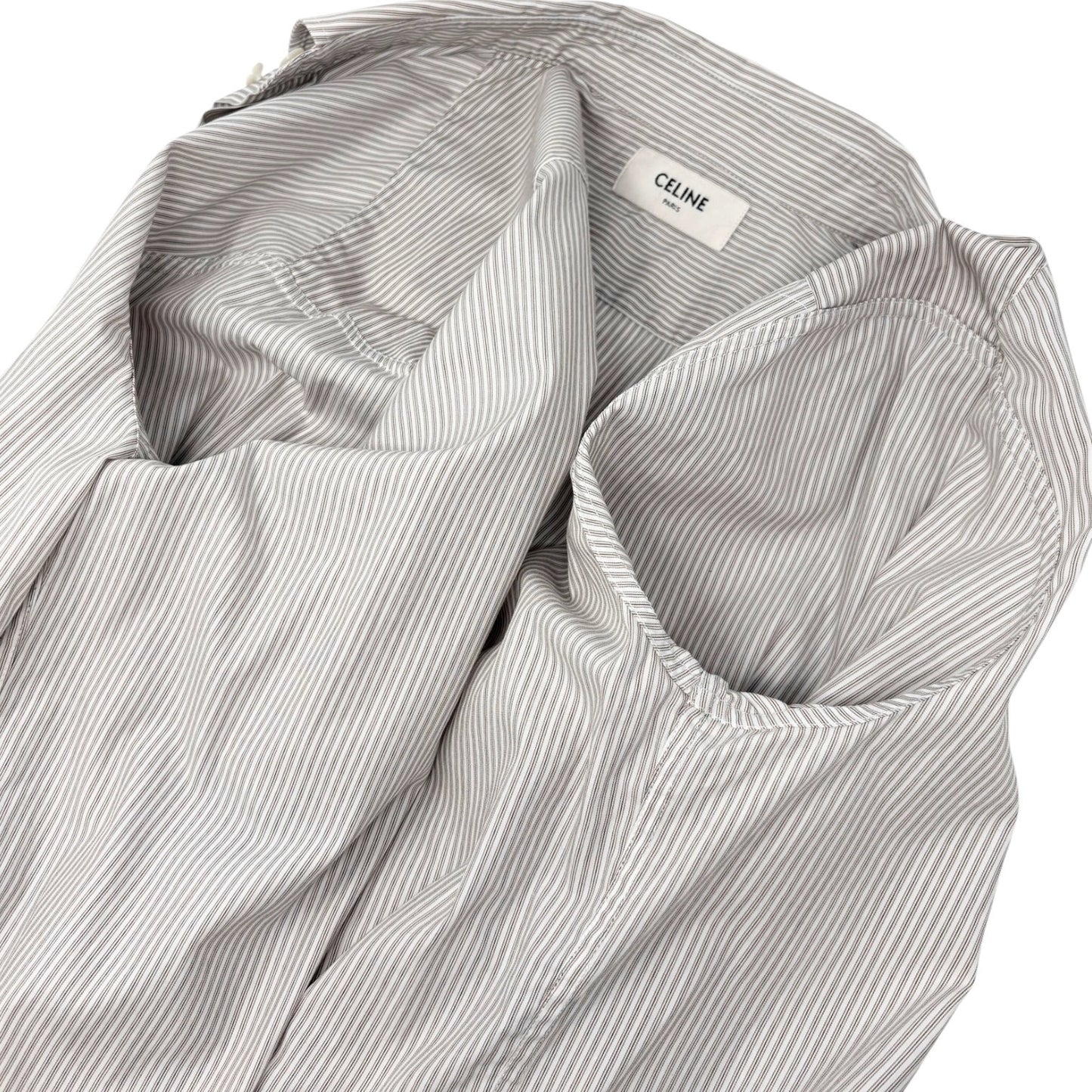 CELINE Triomphe Logo Stripe Button Up Shirt Long Sleeve #34 Brown White 901967