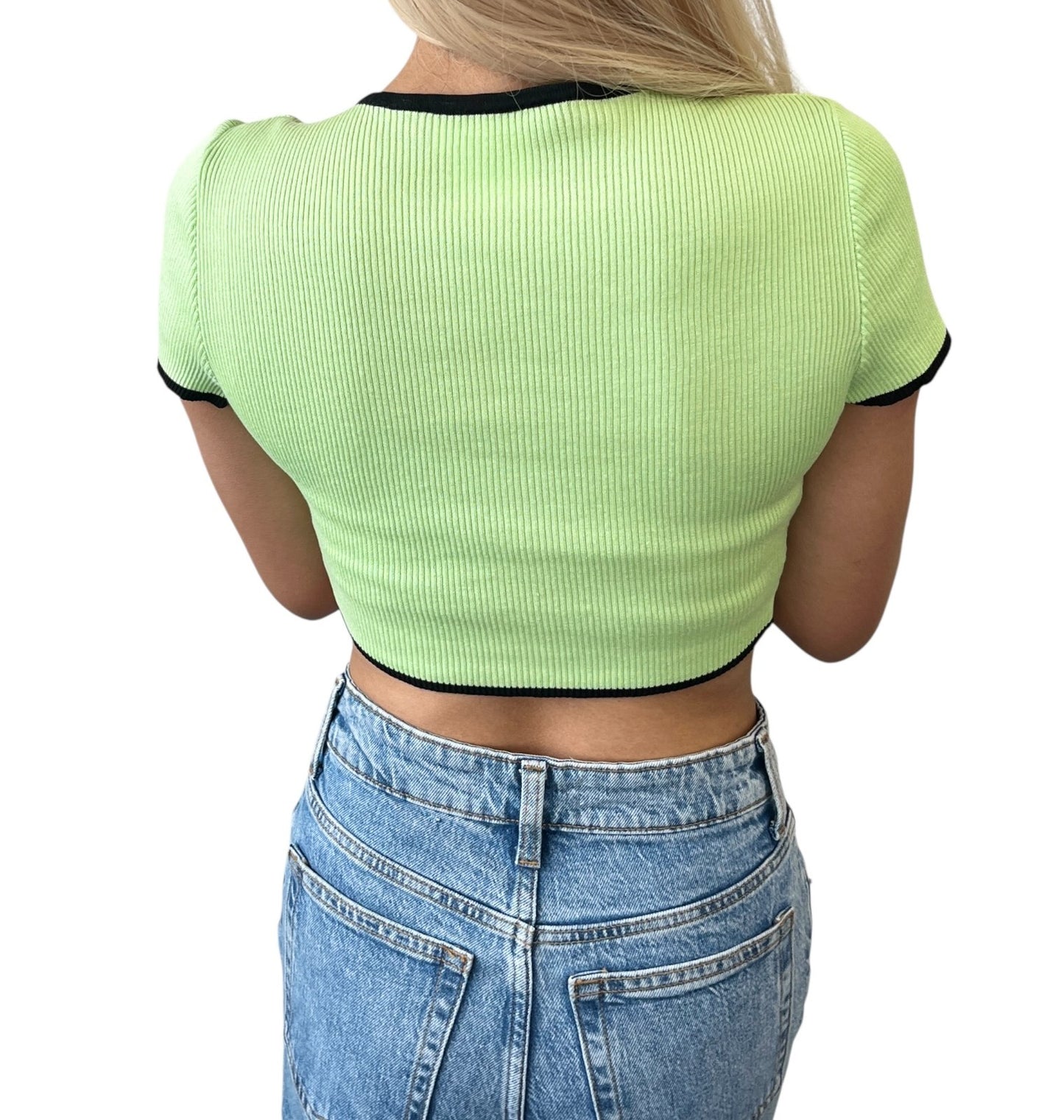 CHANEL Vintage 95P CC Logo Button Knit Cropped Ribbed T-shirt #38 Green Cotton