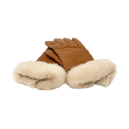 HERMES Vintage Kelly Padlock Cadena Fur Trim Leather Gloves #7 Brown 902367