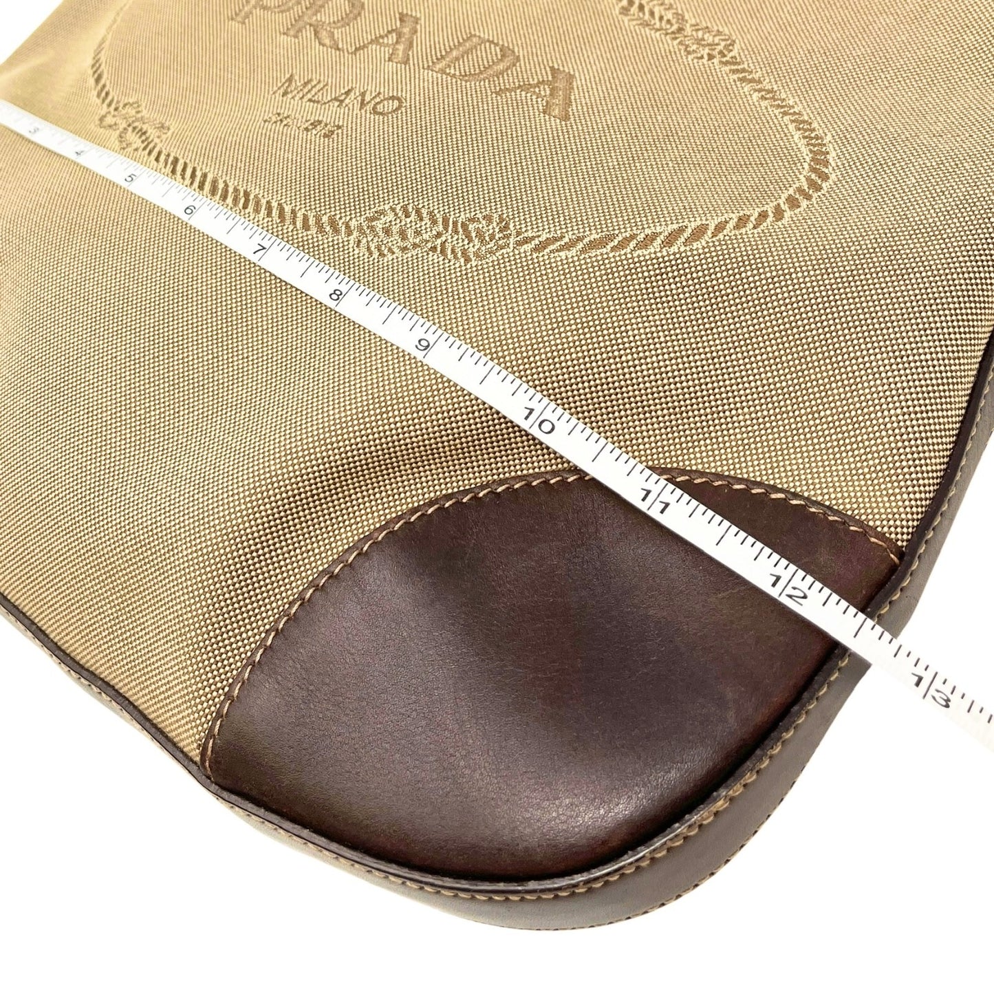 PRADA Vintage Logo Crossbody Shoulder Bag Zip Beige Brown Silver Canvas Leather