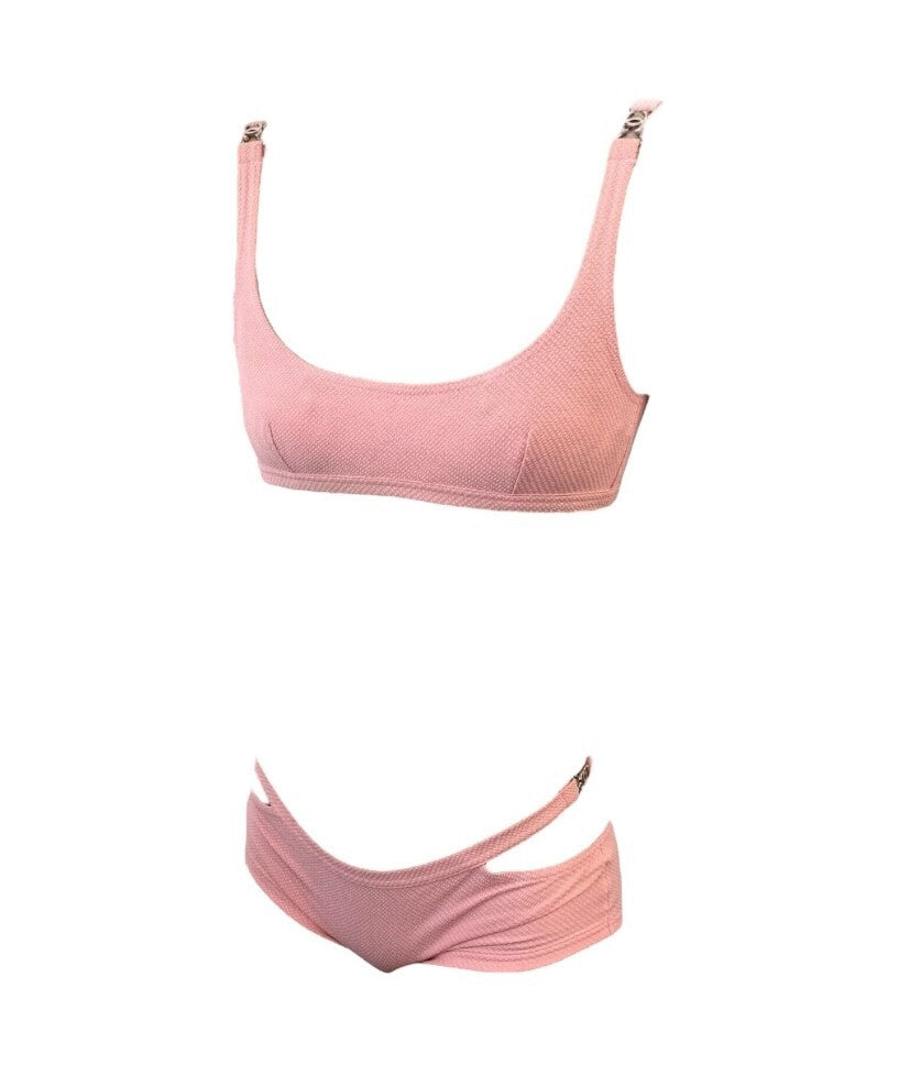 CHANEL Vintage CC Logo Swimsuit Bikini Separate Swimwear Pink Nylon Rank AB