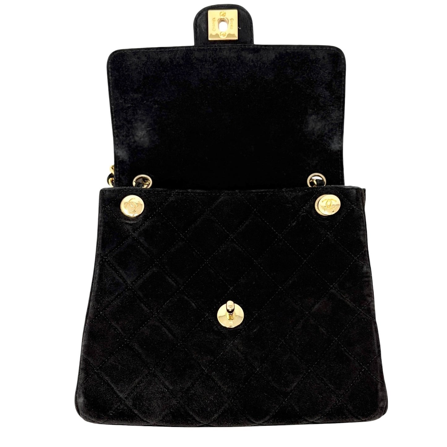 CHANEL Vintage CC Quilted Chain Crossbody Shoulder Bag Black Gold Suede 902220