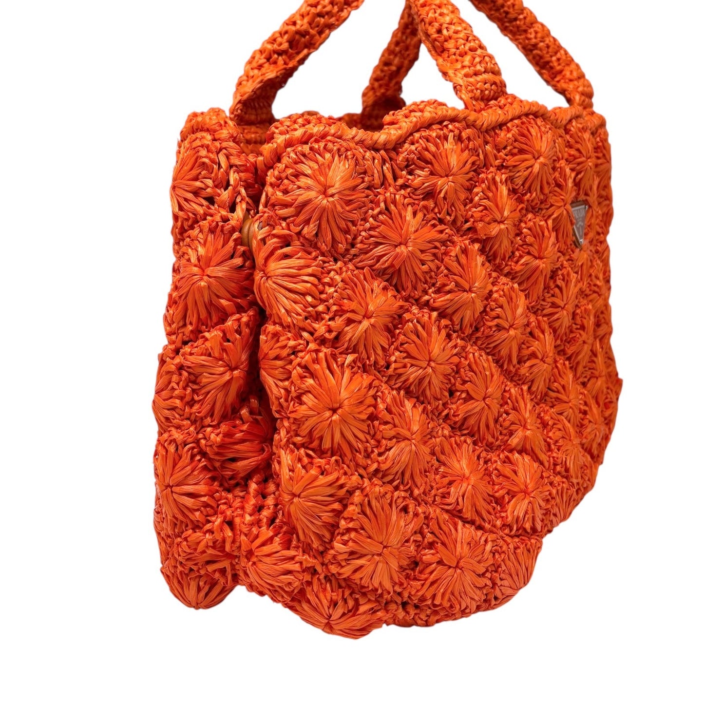 PRADA Vintage Triangle Logo Raffia Tote Bag Crossbody 2way Orange Snap Button