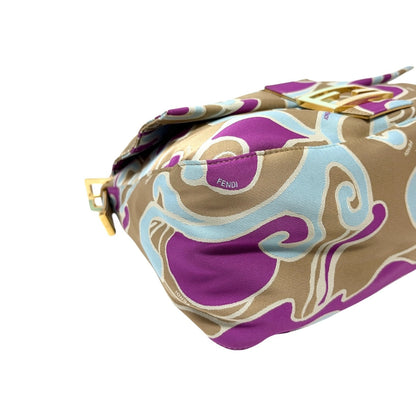 FENDI Vintage FF Logo Mamma Baguette Psychedelic Print Shoulder Bag Silk Beige