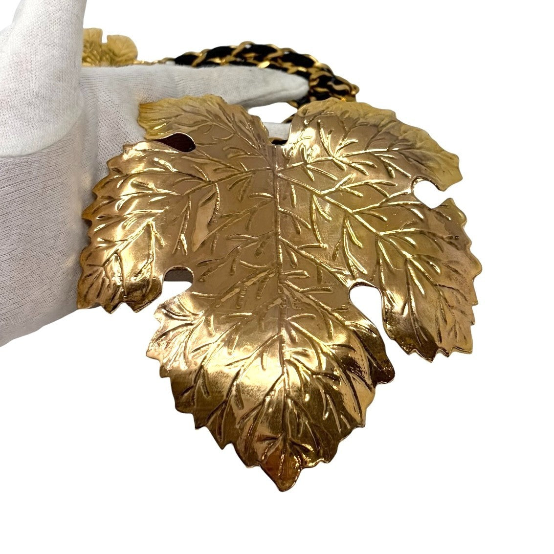 CHANEL Vintage 1991 CC Logo Big Leaf Leather Chain Belt Black Gold 902002