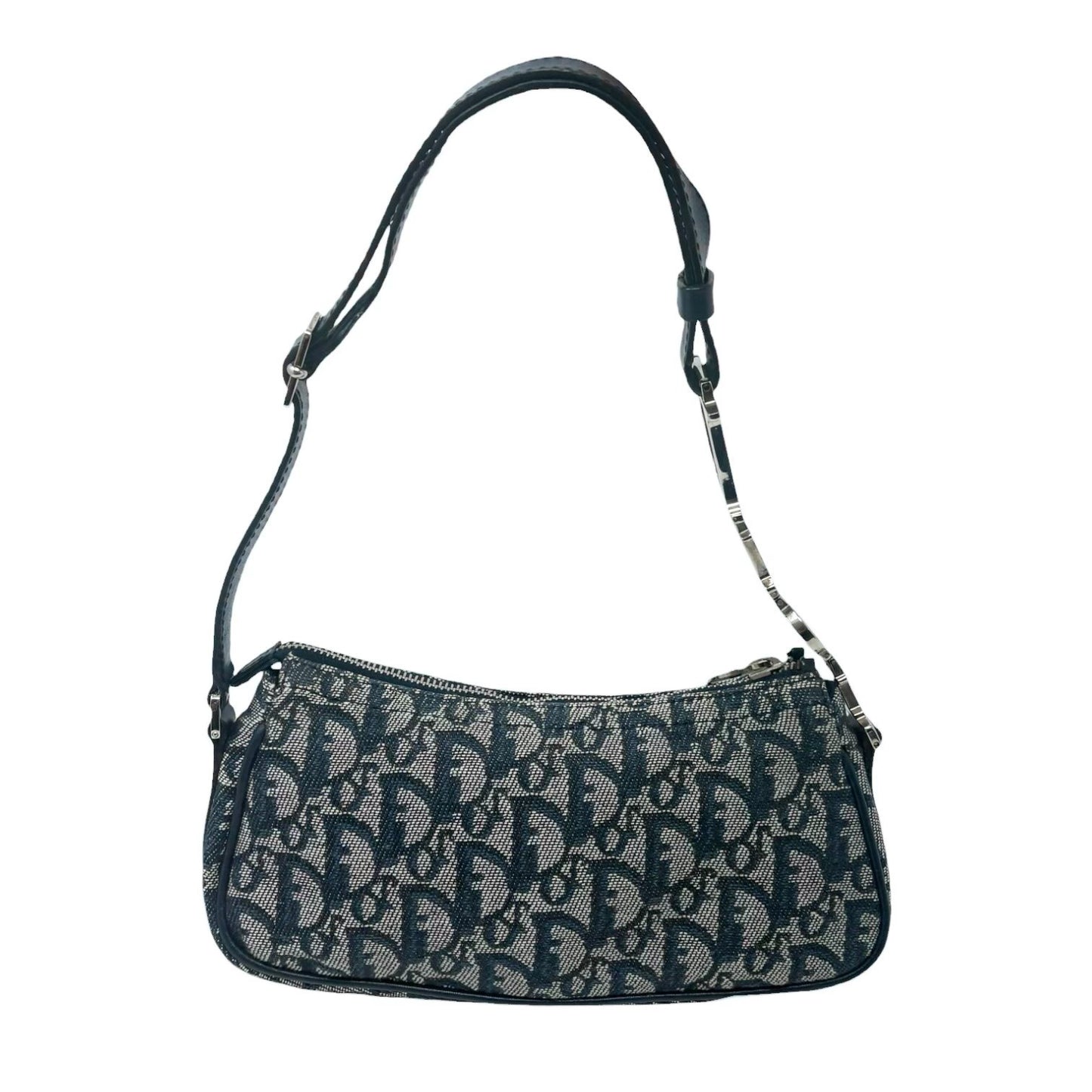 Christian Dior Vintage CD Logo Trotter Monogram Shoulder Bag Dark Blue Silver
