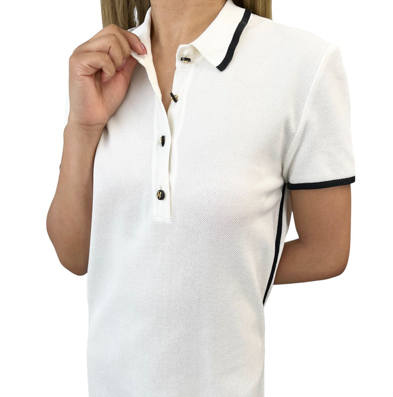 CHANEL Vintage 96C CC Logo Button Up Dress #38 Polo White Black Gold Cotton