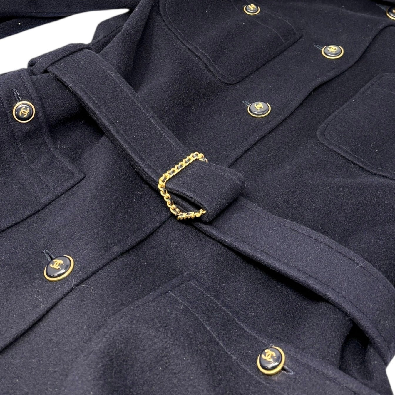 CHANEL Vintage 95A CC Button Cashmere Coat Jacket #40 Belt Dark Blue Gold