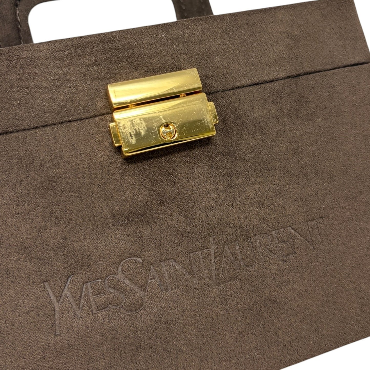 Yves Saint Laurent Vintage YSL Logo Suede Vanity Box Bag Brown Gold 901820