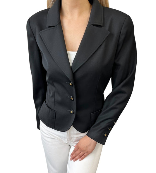 CHANEL Vintage 97P CC Logo Button Cropped Jacket #38 Black Gold Pockets 901921