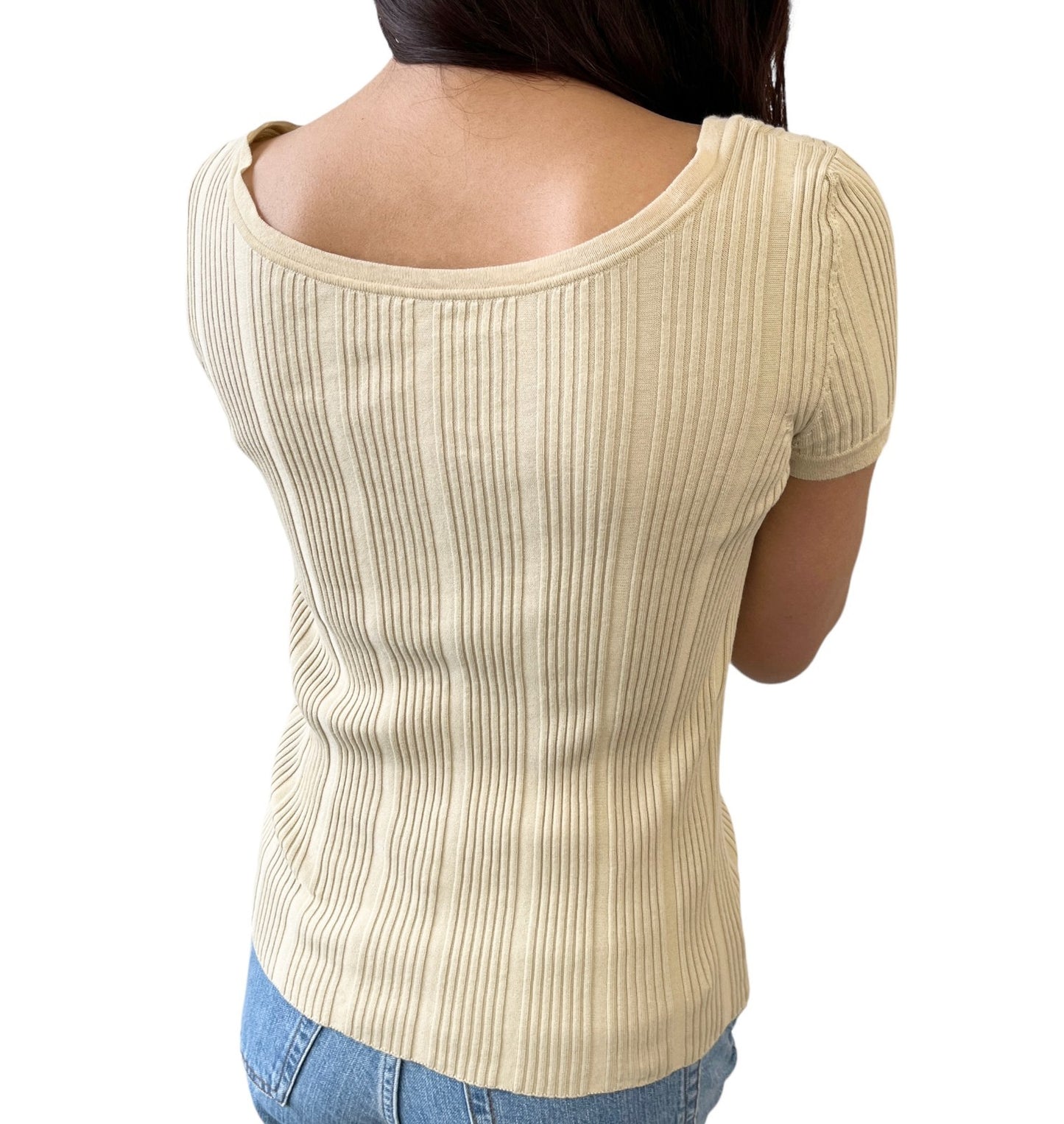 CHANEL Vintage 07P CC Logo Button Rib Knit Top #42 Cotton Beige Gold 106913