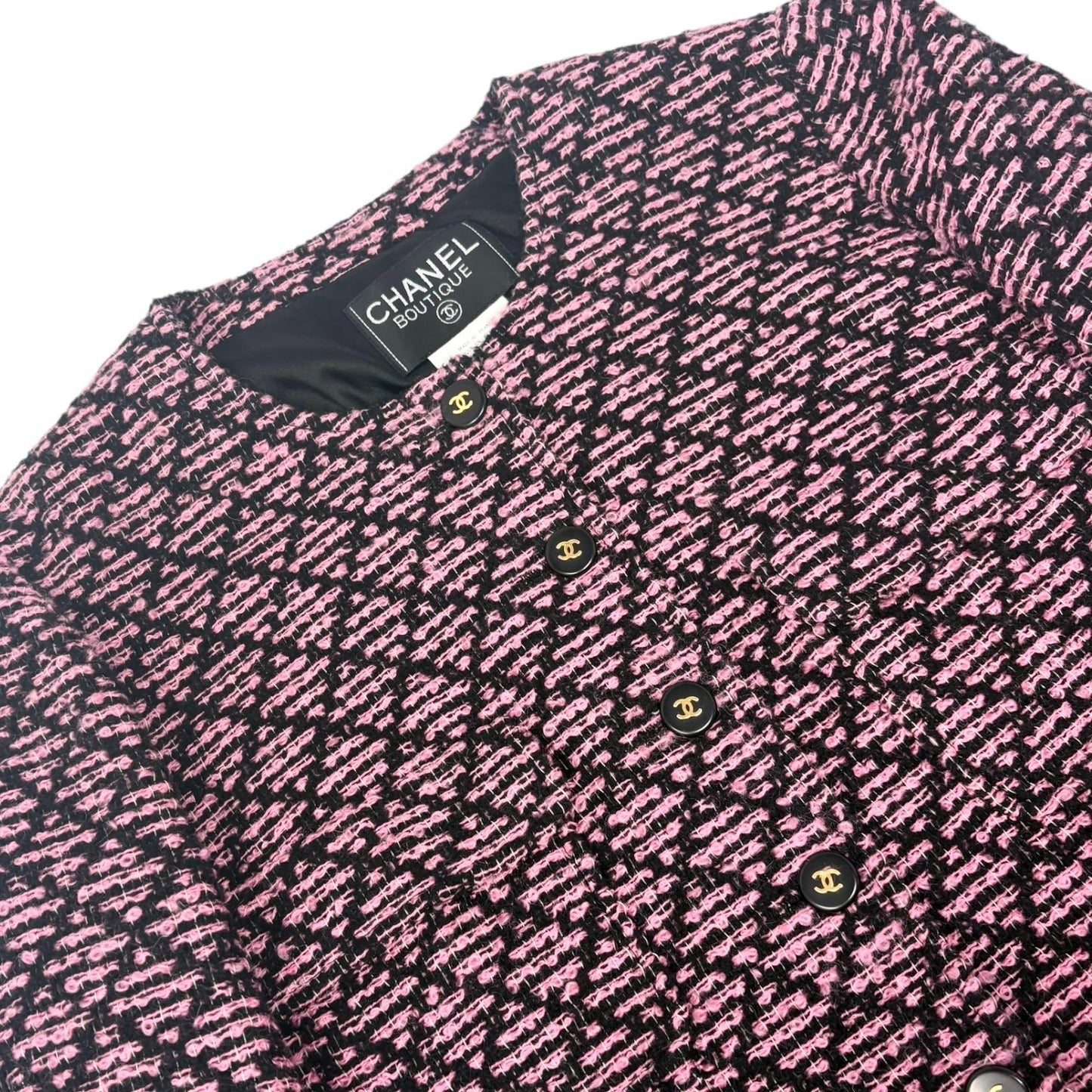 CHANEL Vintage 95A CC Logo Tweed Jacket #44 Pink Black Button Wool 902592