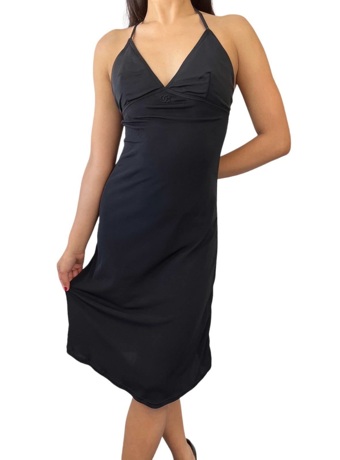 CHANEL Vintage Coco Mark Logo Halter Dress #38 One-Piece Black Nylon RankAB
