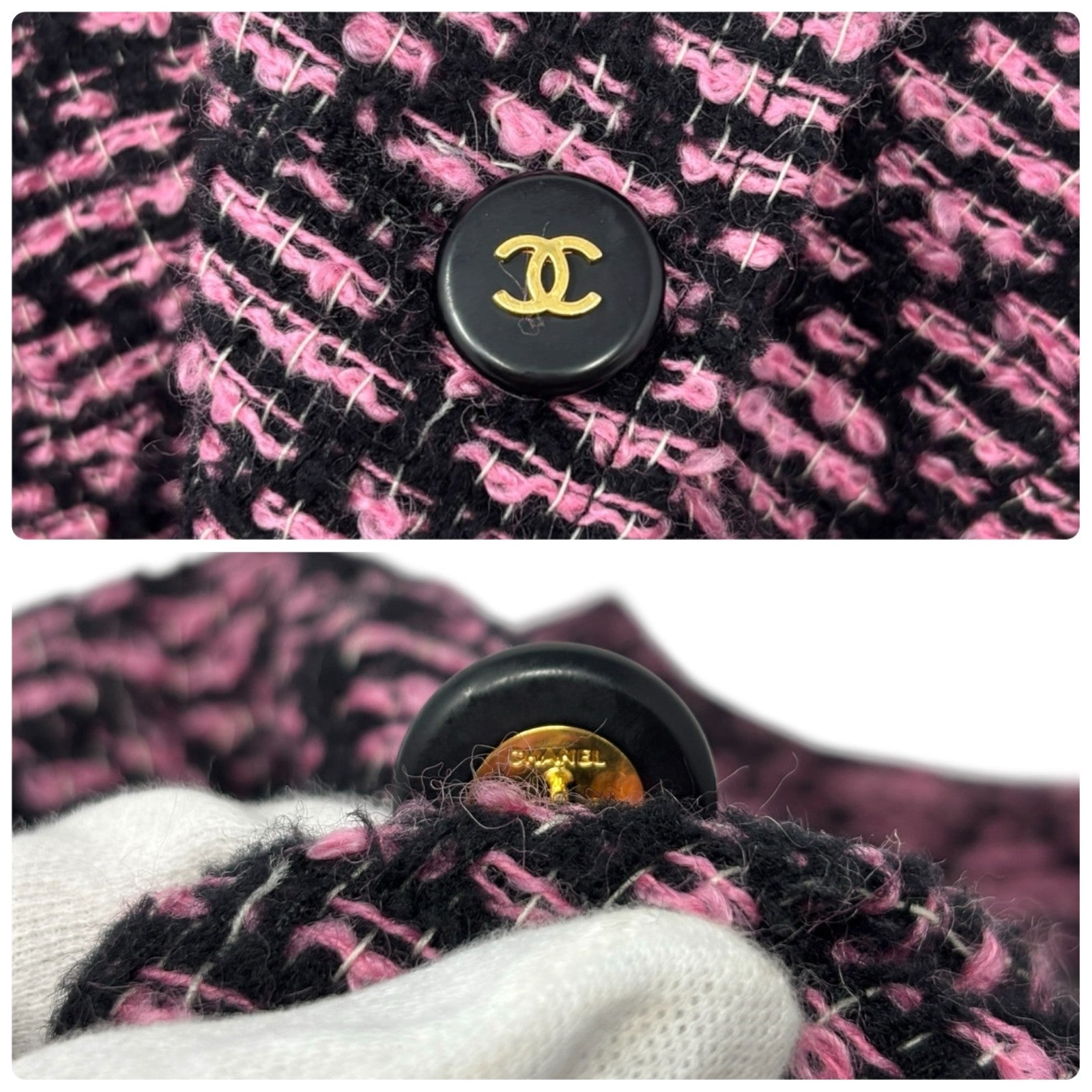 CHANEL Vintage 95A CC Logo Tweed Jacket #38 Pink Black Button Cotton Pocket