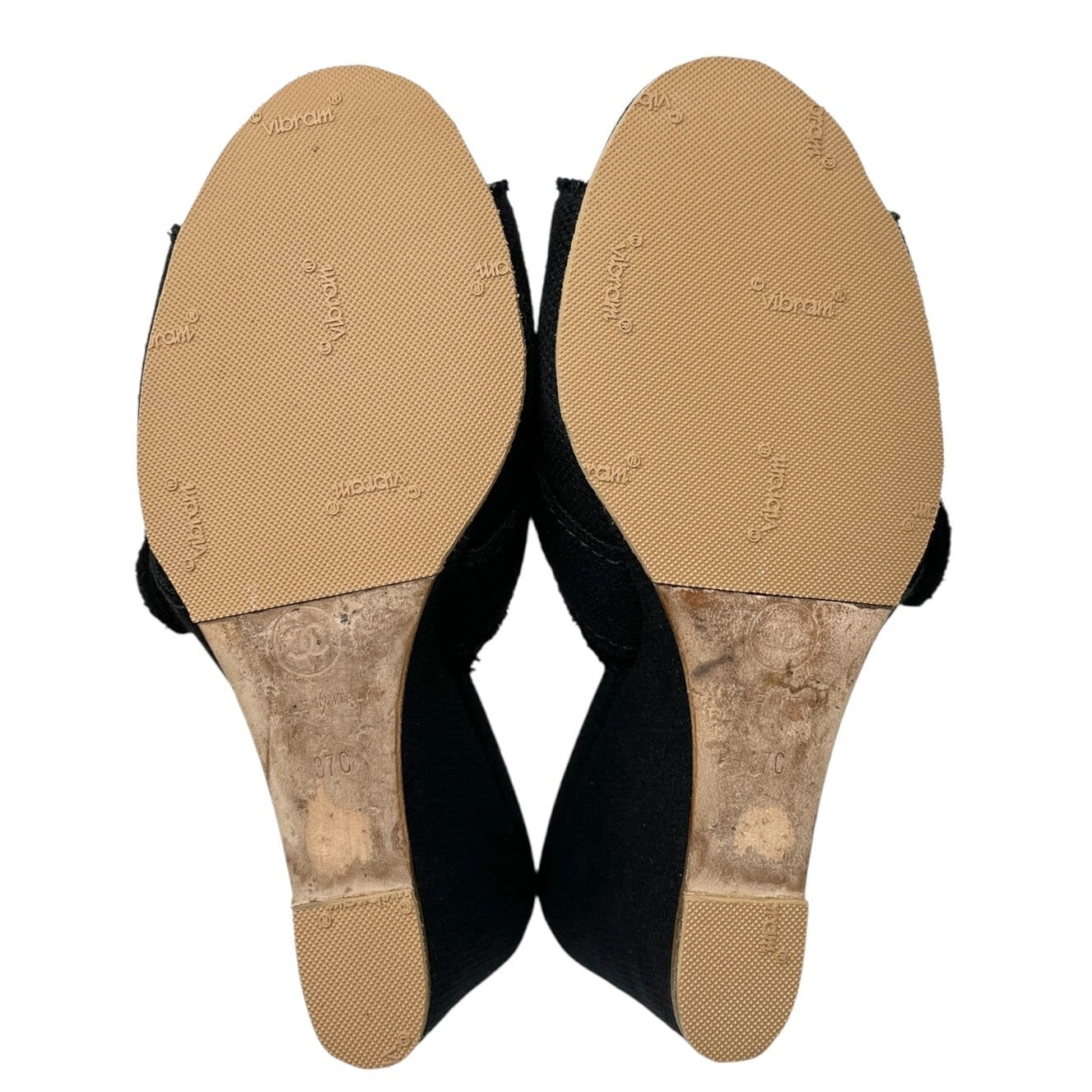 CHANEL Vintage CC Mark Logo Sandals Heart Buckle #36.5-37 Black Gold Cotton