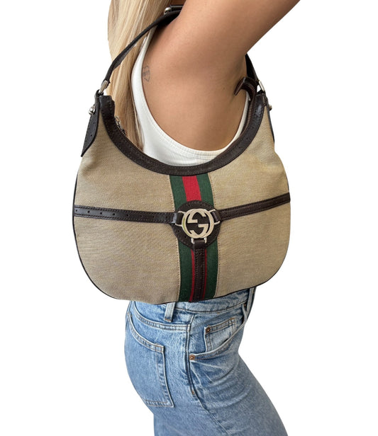 GUCCI Vintage Web Stripe Interlocking GG Logo Canvas Hobo Bag Beige 902206