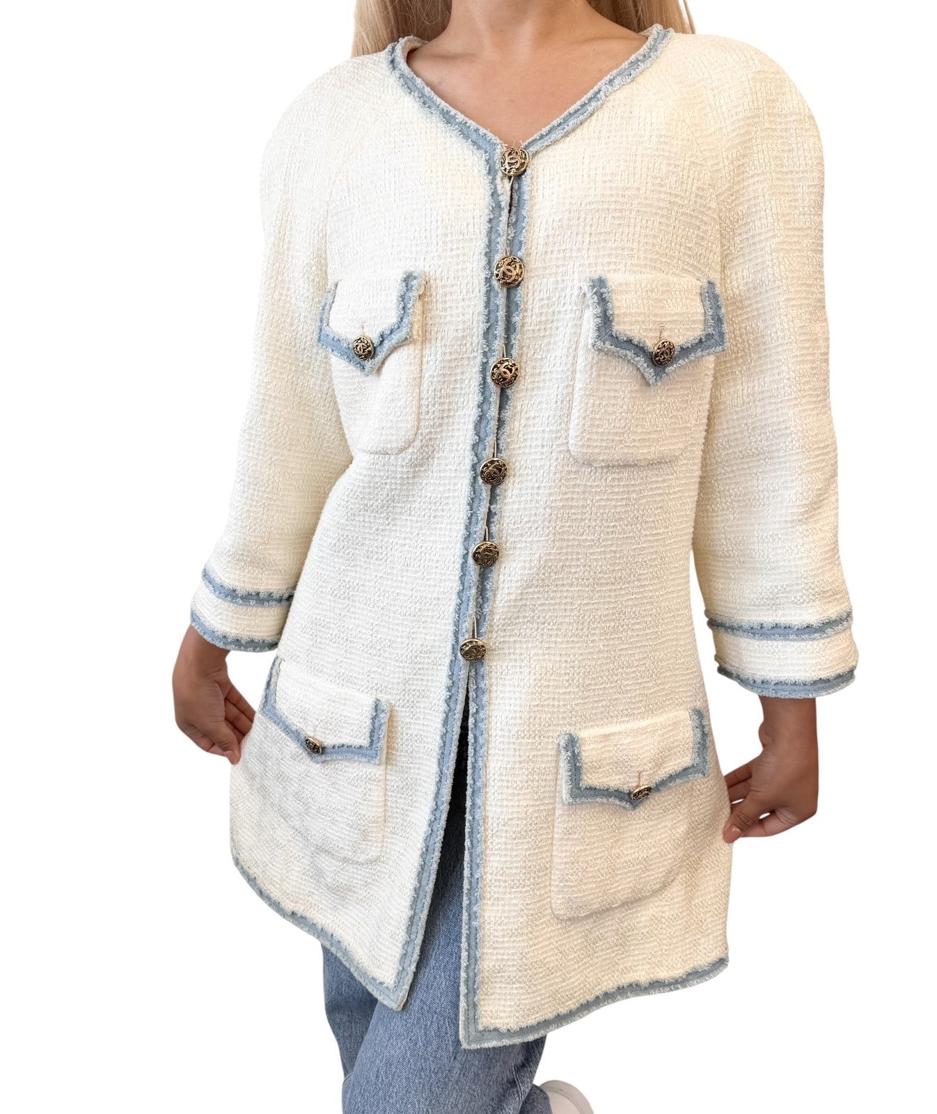 CHANEL Vintage 07P CC Logo Tweed Long Jacket Trim Denim #42 Blue White Button