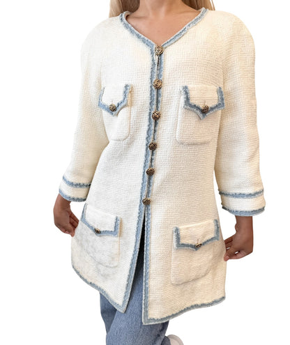 CHANEL Vintage 07P CC Logo Tweed Long Jacket Trim Denim #42 Blue White Button