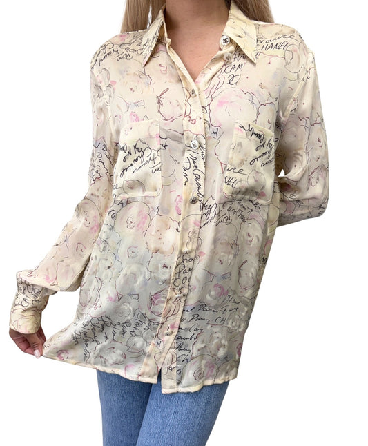 CHANEL Vintage 98C Coco Mark Logo Button Shirt Blouse Ivory Silk 901882