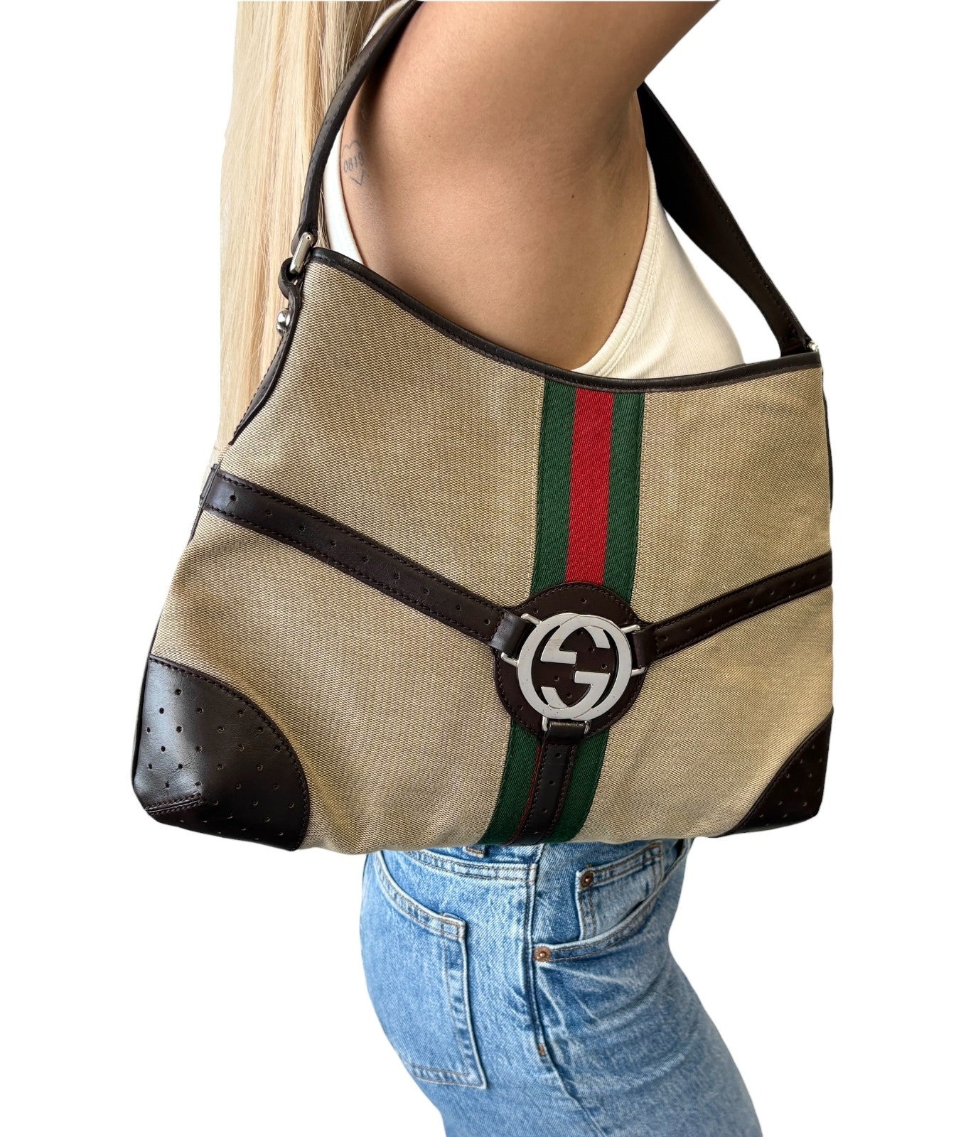 GUCCI Vintage Web Stripe Interlocking GG Logo Canvas Hobo Bag Brown 902575