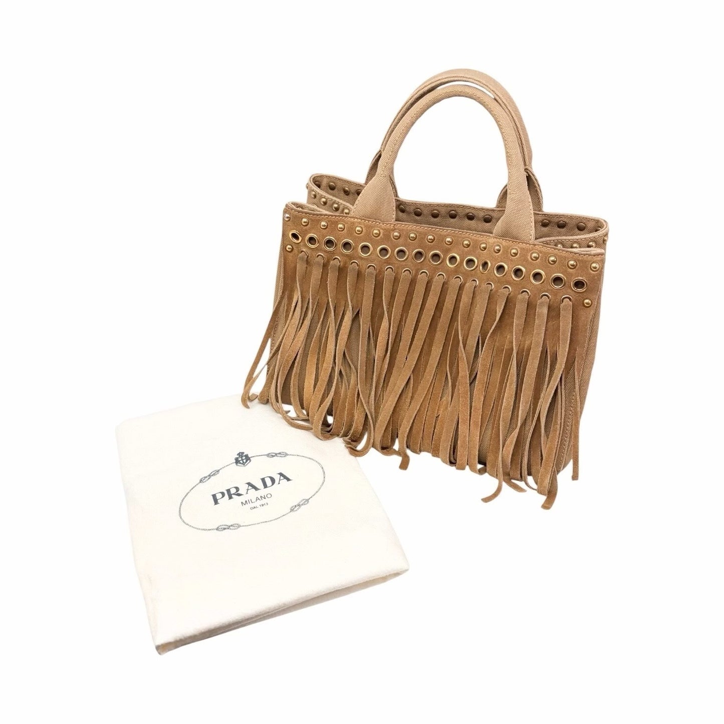 PRADA Vintage Logo Fringe Tote Bag Suede Canvas Brown Camel Gold 901835