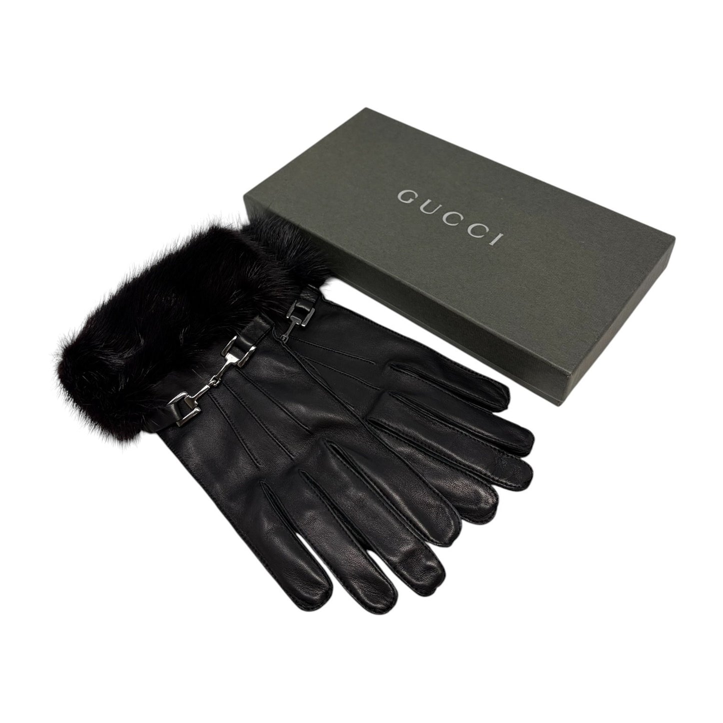 GUCCI Vintage Horsebit Fur Trim Lambskin Leather Gloves #7 Black Silver 902097