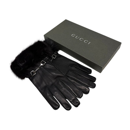 GUCCI Vintage Horsebit Fur Trim Lambskin Leather Gloves #7 Black Silver 902097