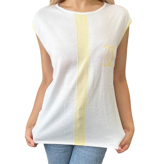 CHANEL Vintage 00S CC Logo Knit Tank Top #42 Sleeveless White Yellow Cotton