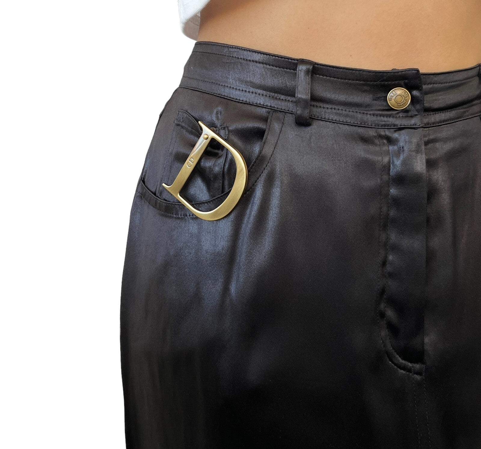 Christian Dior Vintage D Buckle Satin Skirt #40 Zip Black Gold Rank AB+