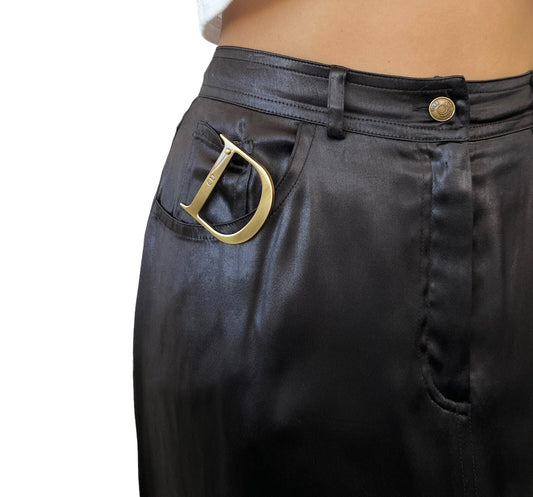 Christian Dior Vintage D Buckle Satin Skirt #40 Zip Black Gold Rank AB+