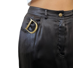 Christian Dior Vintage D Buckle Satin Skirt #40 Zip Black Gold Rank AB+