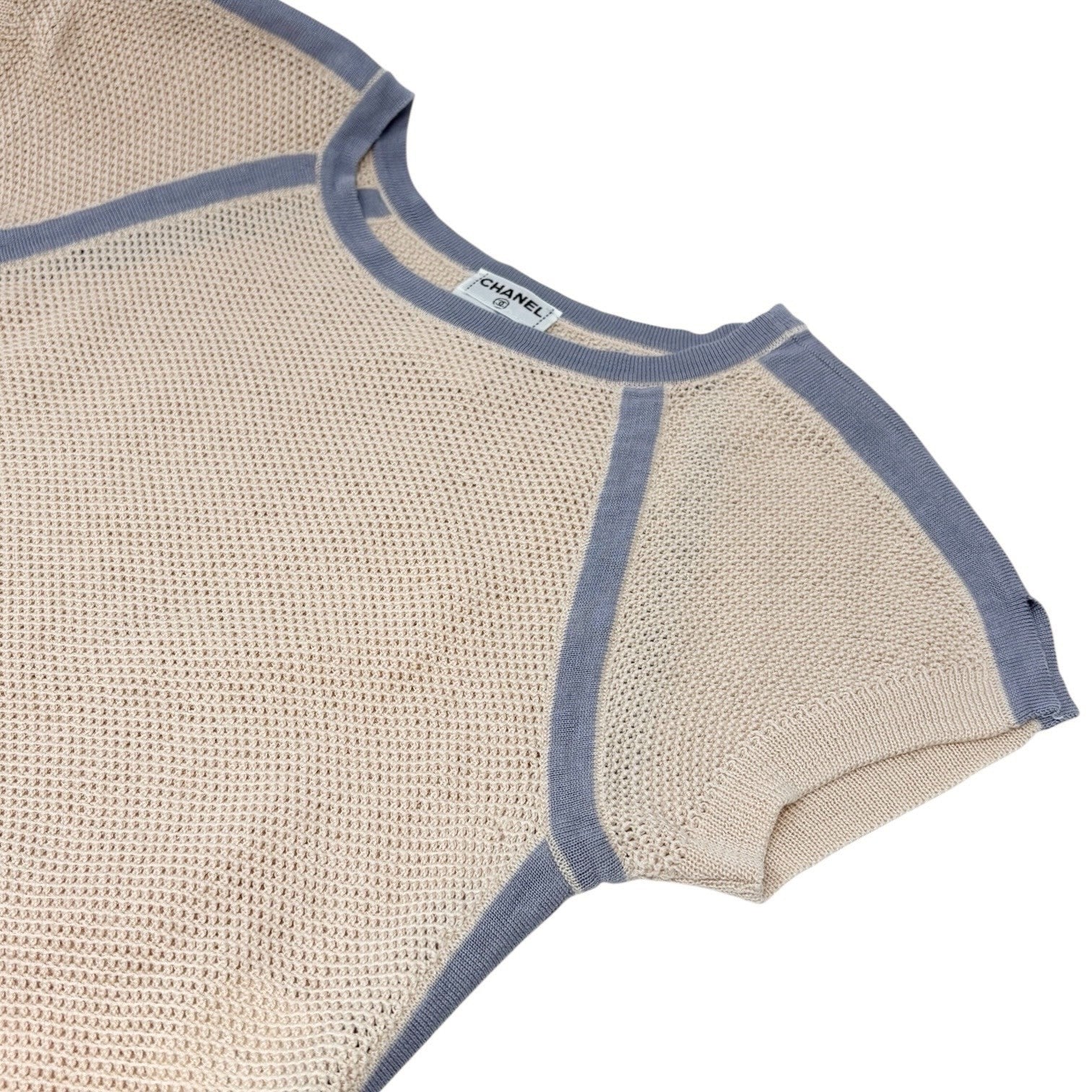 CHANEL Vintage 03P CC Logo See-through Mesh T-shirt #38 Pink Blue Cotton