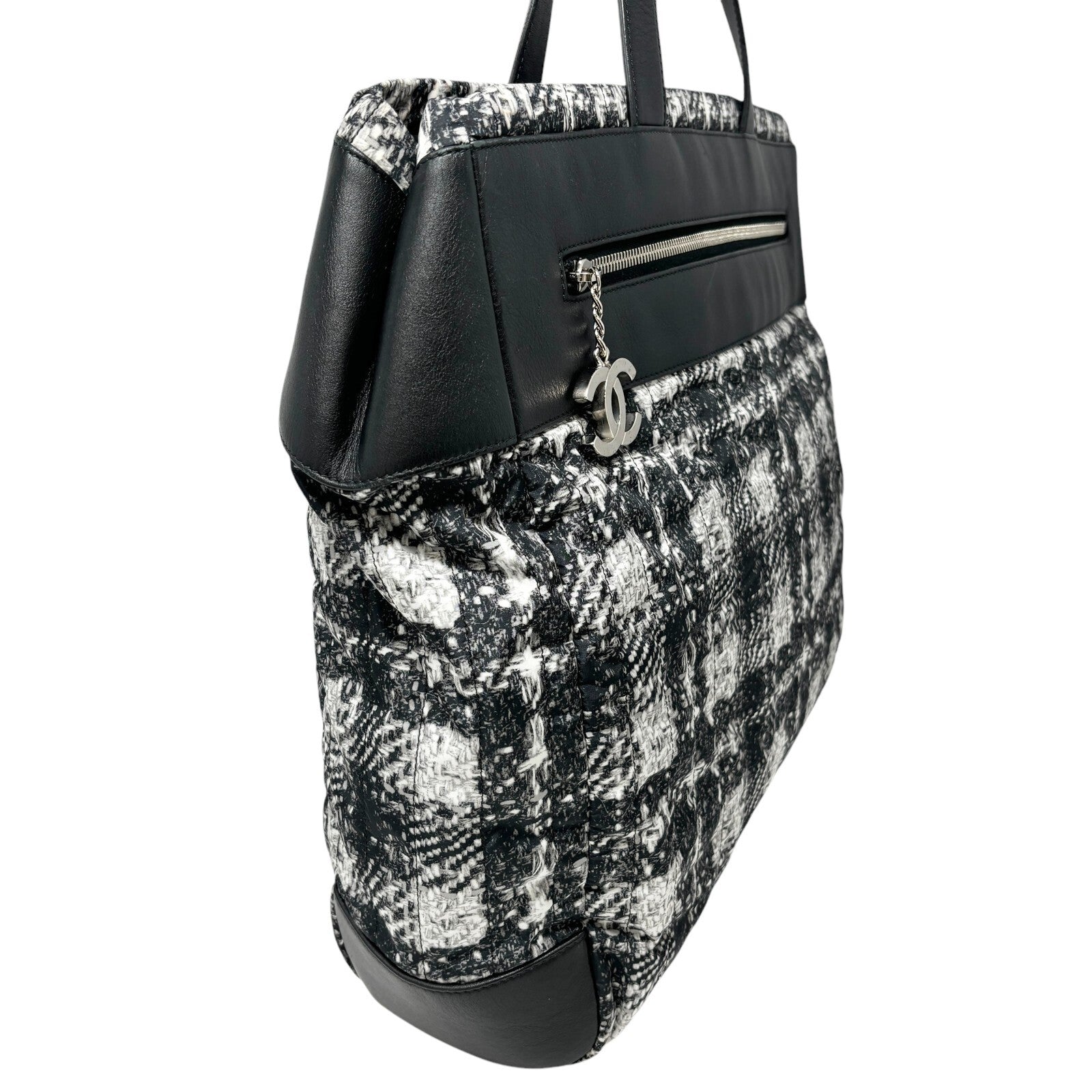 CHANEL Vintage 2013 CC Logo Tweed Print Tote Bag Black Silver Nylon Leather
