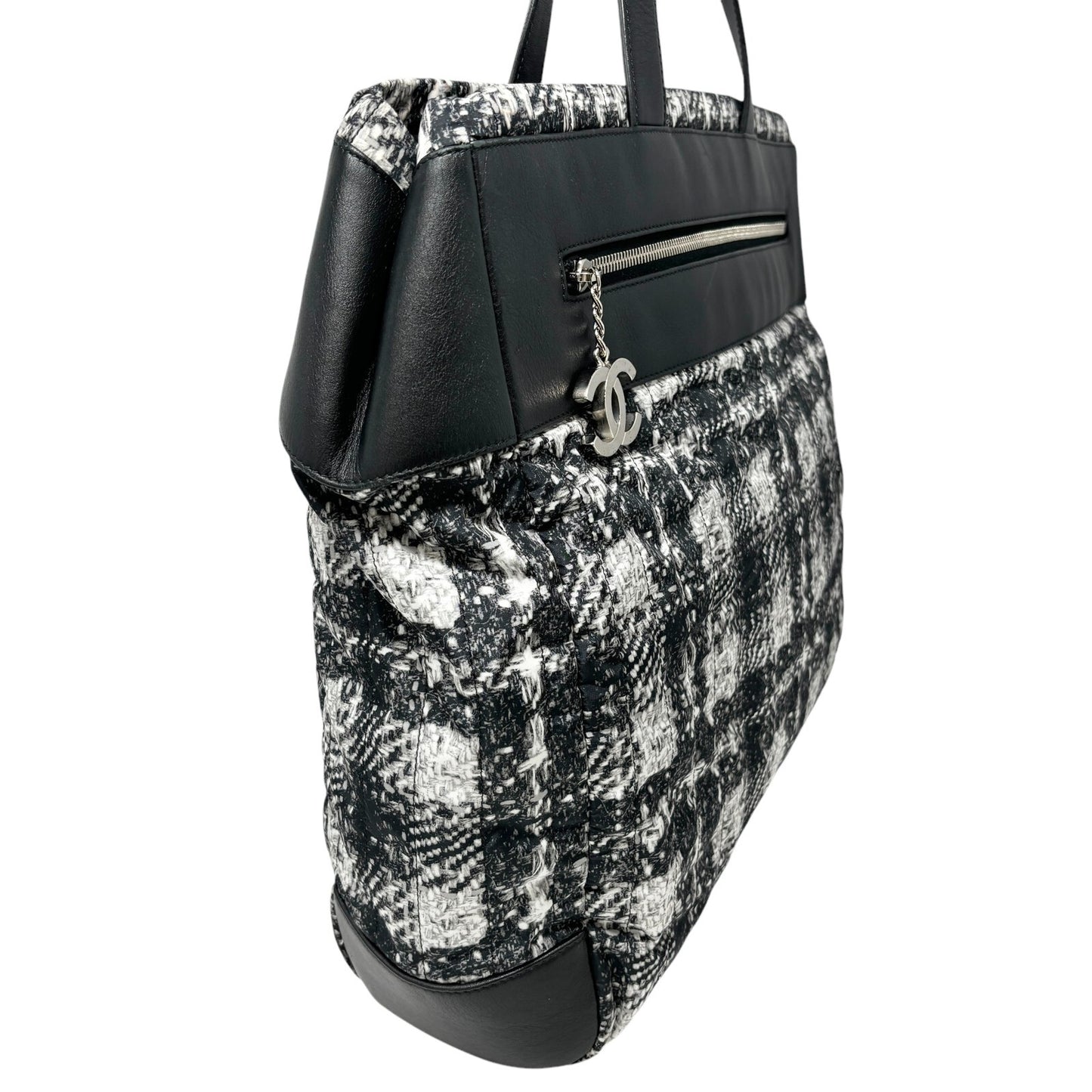 CHANEL Vintage 2013 CC Logo Tweed Print Tote Bag Black Silver Nylon Leather