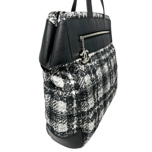 CHANEL Vintage 2013 CC Logo Tweed Print Tote Bag Black Silver Nylon Leather