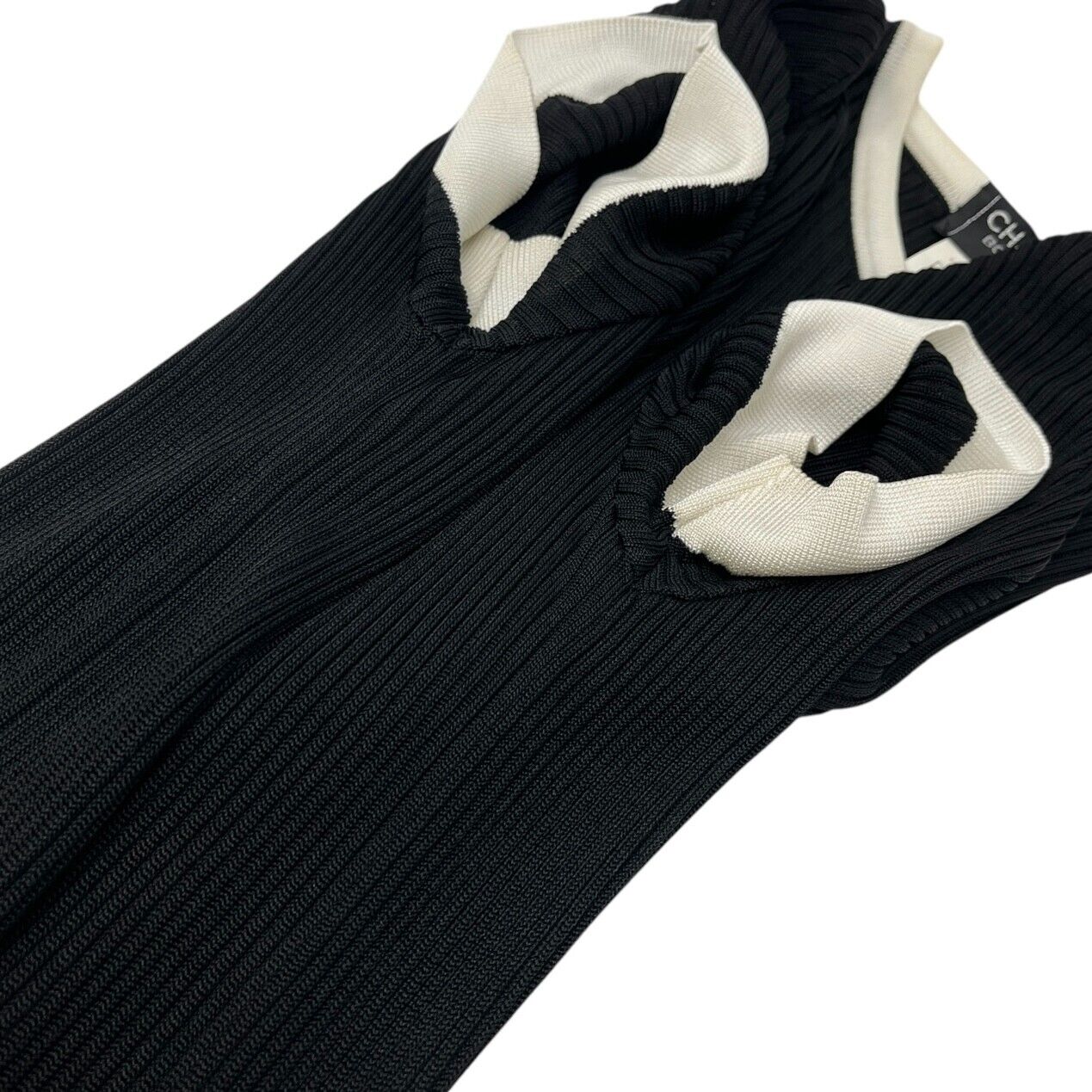 CHANEL Vintage 97P CC Logo Ribbed Knit Dress One-piece #42 Black White Rayon