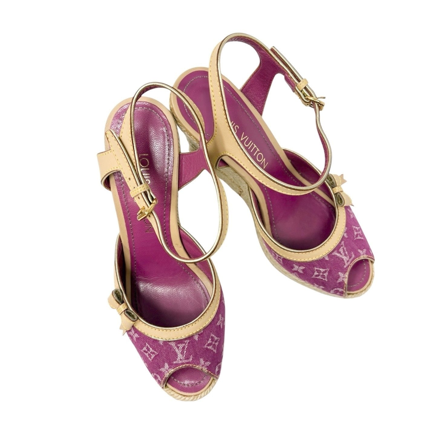 LOUIS VUITTON Vintage LV Logo Monogram Sandals #37.5 Pink Beige Canvas