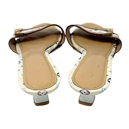 LOUIS VUITTON Vintage Monogram Multicolor Sandals Heels #37 White Beige 902545