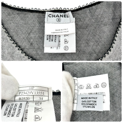 CHANEL Vintage 04P CC Logo Mesh Top #34 Cotton Spandex White Black Short Sleeve