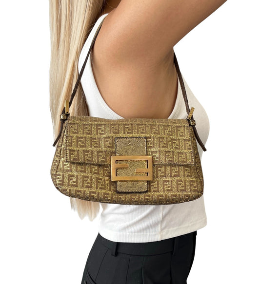 FENDI Vintage FF Logo Mamma Baguette Mini Shoulder Bag Pochette Gold 902053