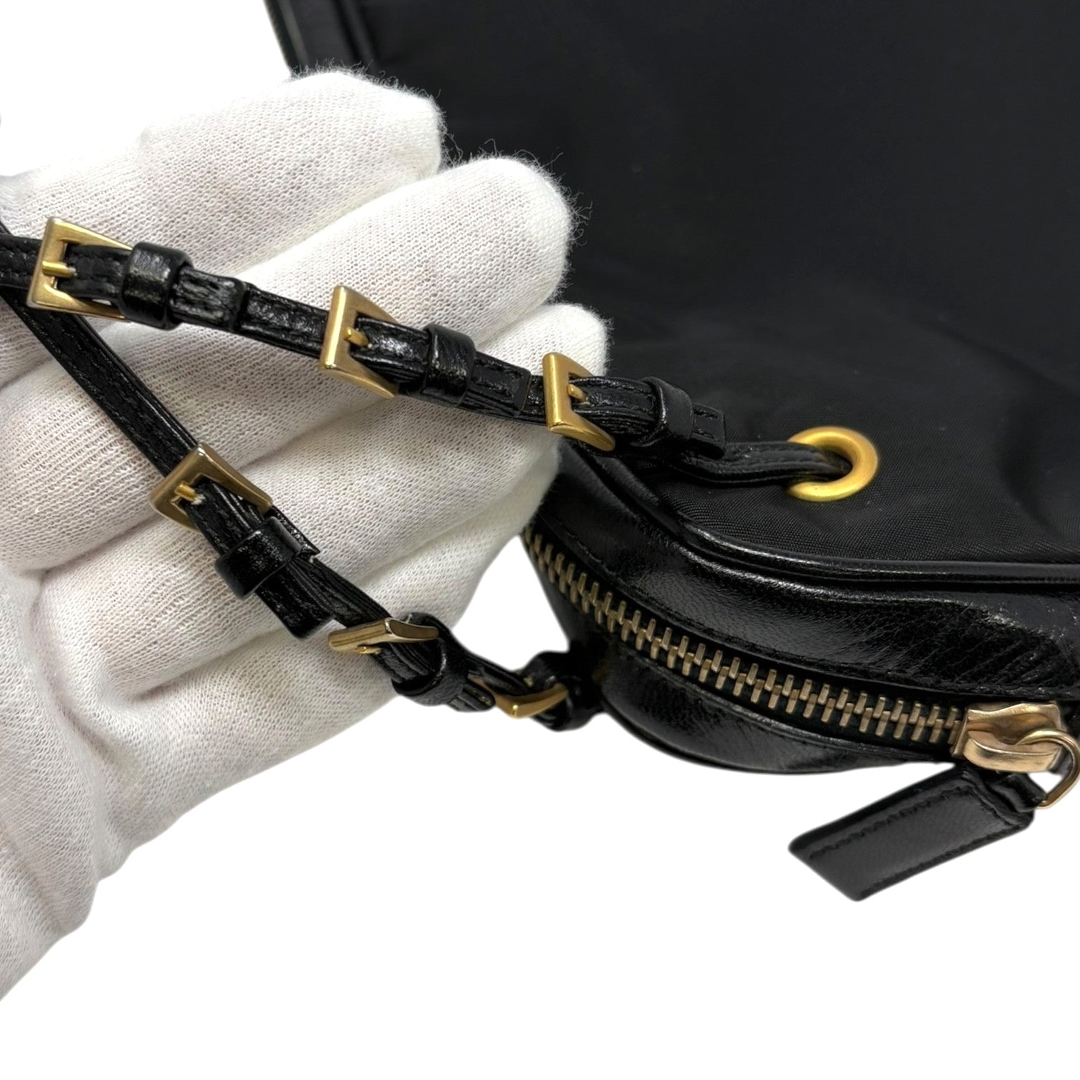 PRADA Vintage Logo Pochette Mini Shoulder Bag Black Gold Nylon Zip Leather