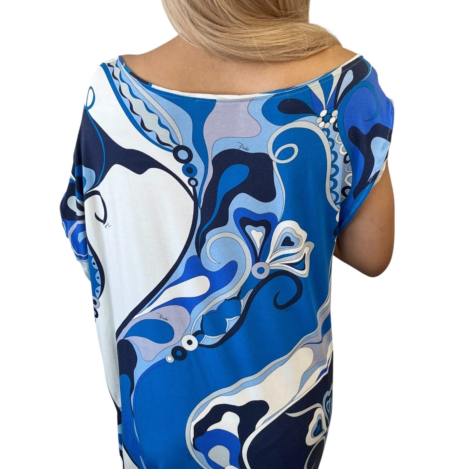 EMILIO PUCCI Vintage Logo Multicolor Dress #42 Blue White Cotton Rayon Silk