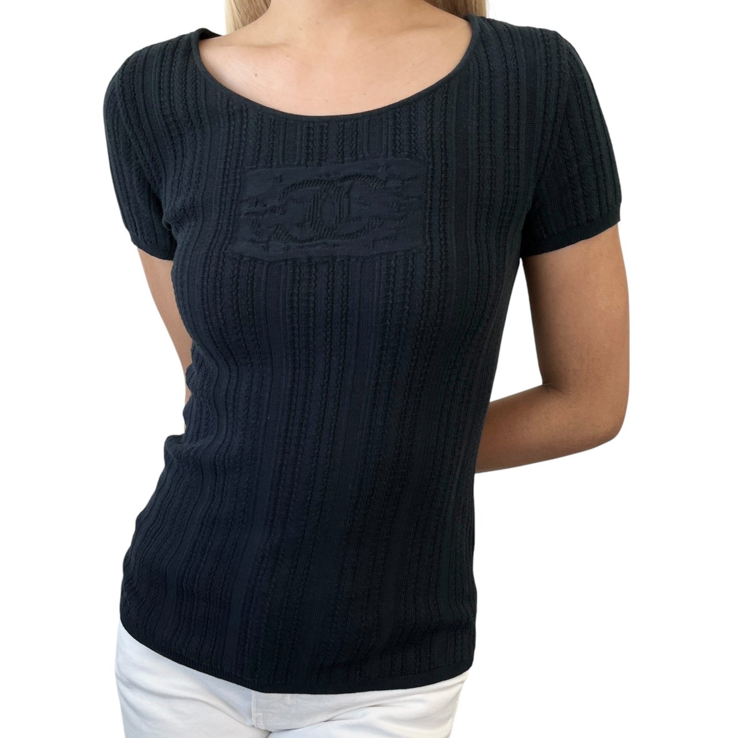 CHANEL Vintage 04P CC Logo Knit Top T-shirt #40 Black Cotton See-throgh Mesh
