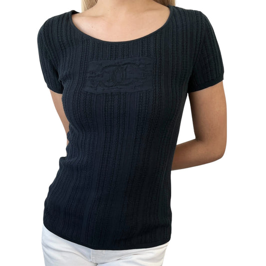 CHANEL Vintage 04P CC Logo Knit Top T-shirt #40 Black Cotton See-throgh Mesh
