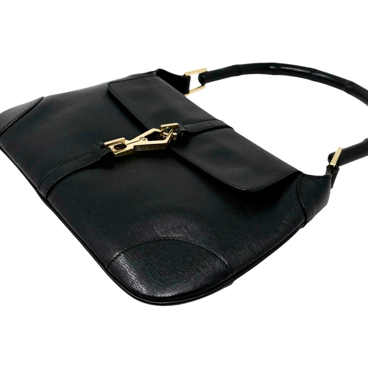GUCCI Vintage Bamboo Jackie Shoulder Top Handle Bag Black Gold Leather 902332