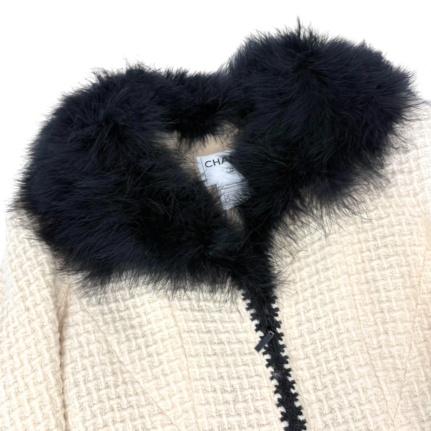 CHANEL Vintage 00A CC Logo Tweed Long Coat Fur Jacket #38 Zip Cream Black Wool