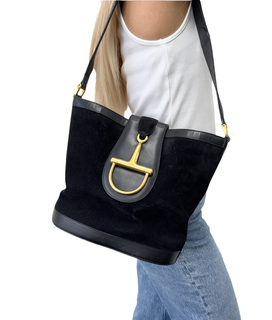 GUCCI Vintage Logo Horsebit Suede Bucket Shoulder Bag Black Gold 902395