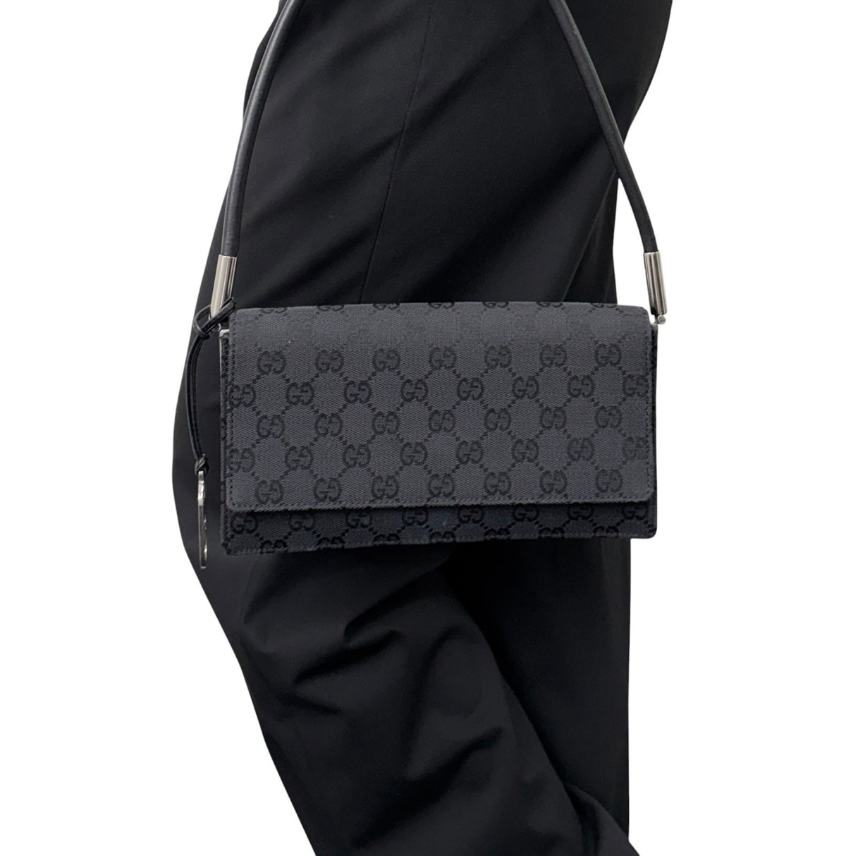 GUCCI Vintage Interlocking GG Monogram Shoulder Bag Black Silver 902467