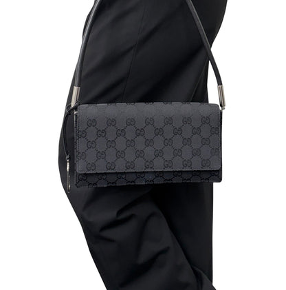 GUCCI Vintage Interlocking GG Monogram Shoulder Bag Black Silver 902467