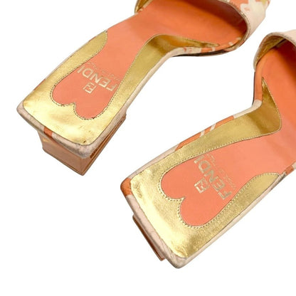 FENDI Vintage FF Logo Psychedelic Print Silk Sandals Heels #36.5 Orange 902028